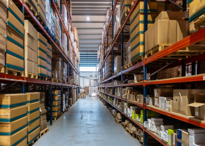Warehouse with storage boxes ready for corporate relocation.