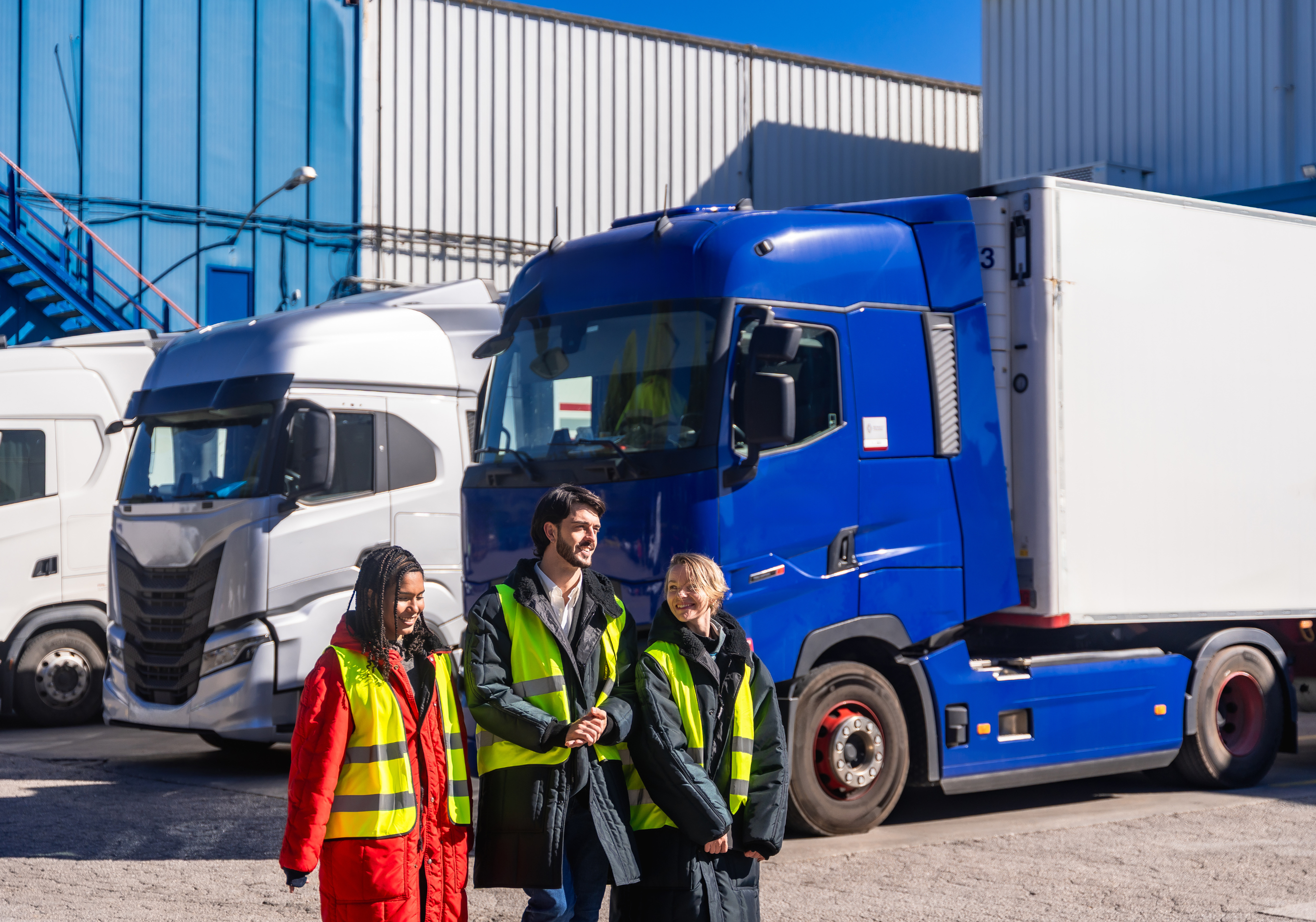 International logistics workers loading and inspecting freight trucks at a global distribution hub.